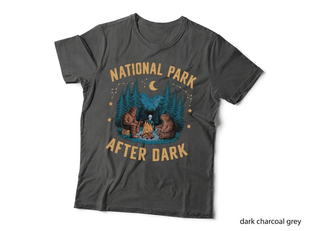 National Park After Dark Camping T-Shirt, Sasquatch Alien Bear by Campfire