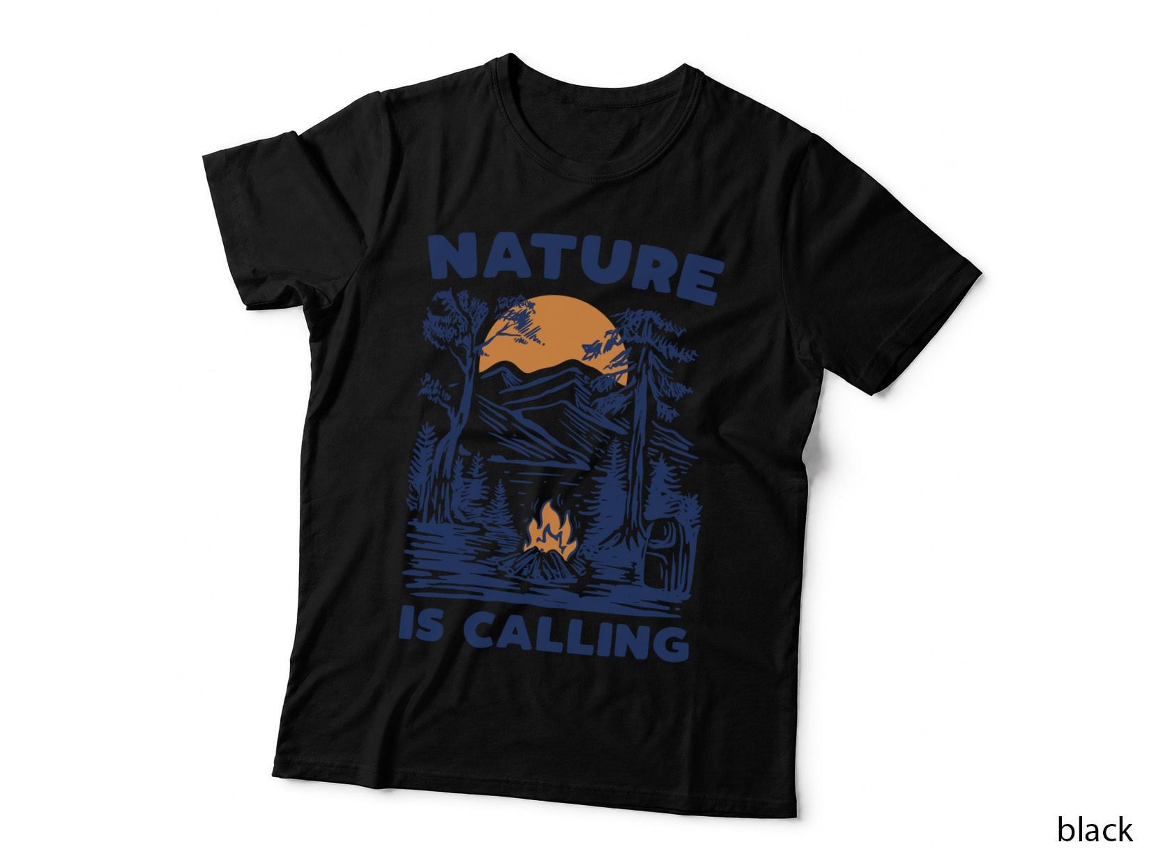 Nature Is Calling Campfire Trees Forest Illustration Outdoor Hiking T-Shirt