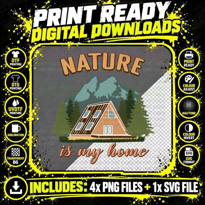 Nature Is My Home Camping T-Shirt, Mountain Cabin in Png SVG Digital Bundle