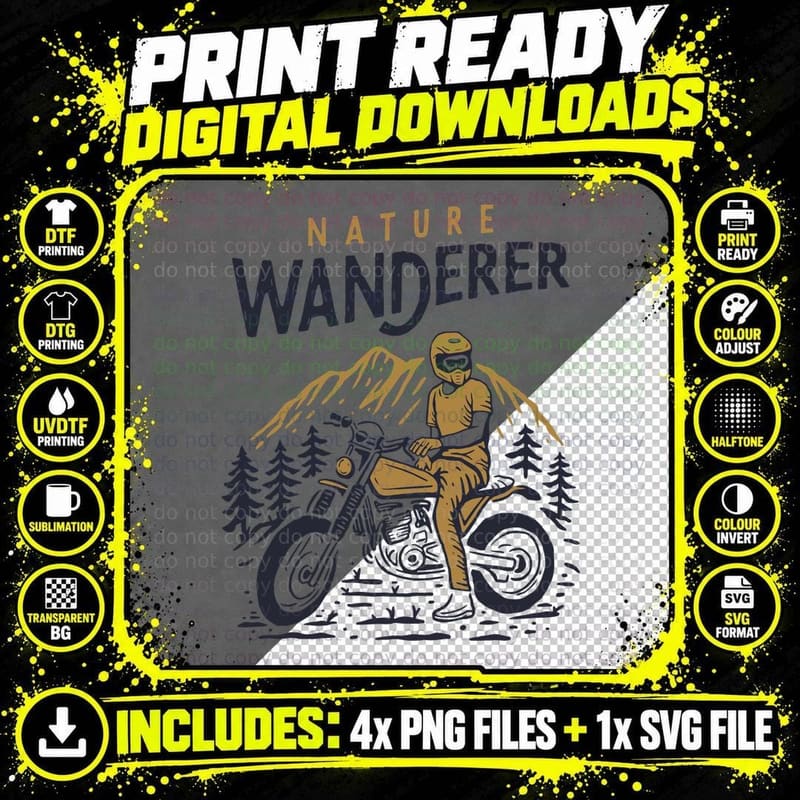 Nature Wanderer Mountain Biker Vintage Retro Gold Yellow Png SVG Digital Bundle