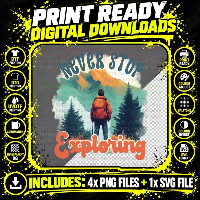 Never Stop Exploring Outdoor Adventure T-Shirt Png SVG Digital Bundle