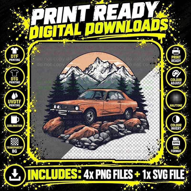 Orange Car Rocks White Vintage Mountain T-Shirt Png SVG Digital Bundle