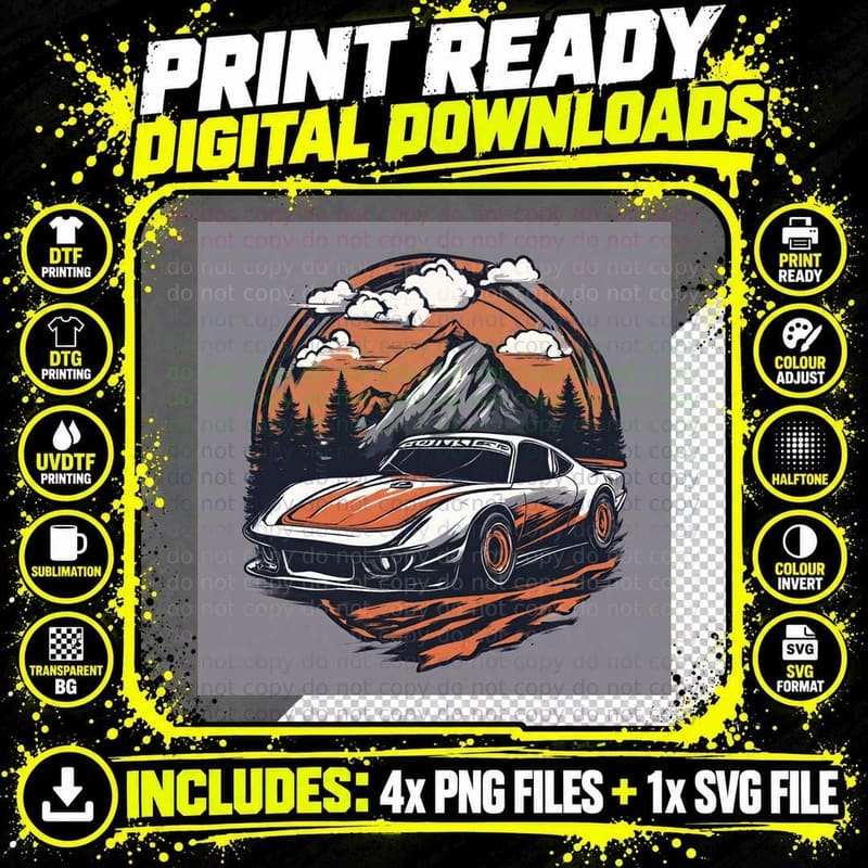 Orange Mountain Car White Sports Landscape T-Shirt Png SVG Digital Bundle