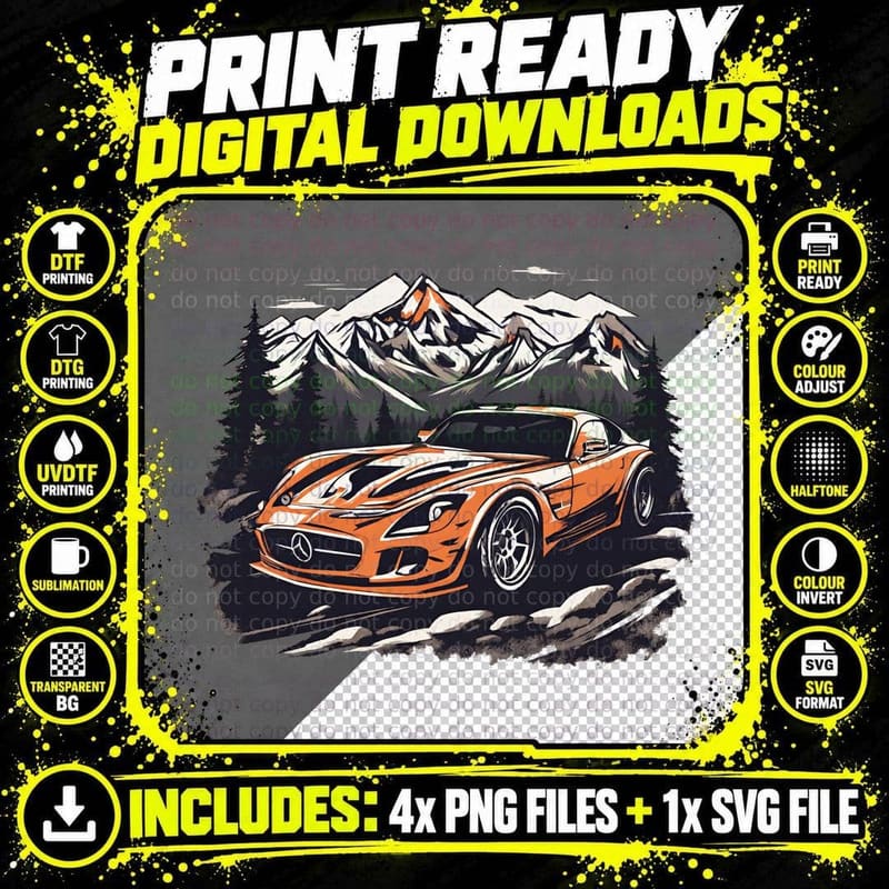 Orange Mountain Flame White Sports Car Stripe T-Shirt Png SVG Digital Bundle