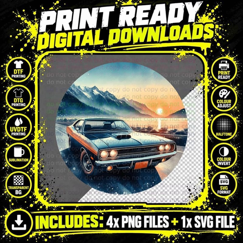 Orange Muscle Car Sunset Mountain Vintage T-Shirt Png SVG Digital Bundle