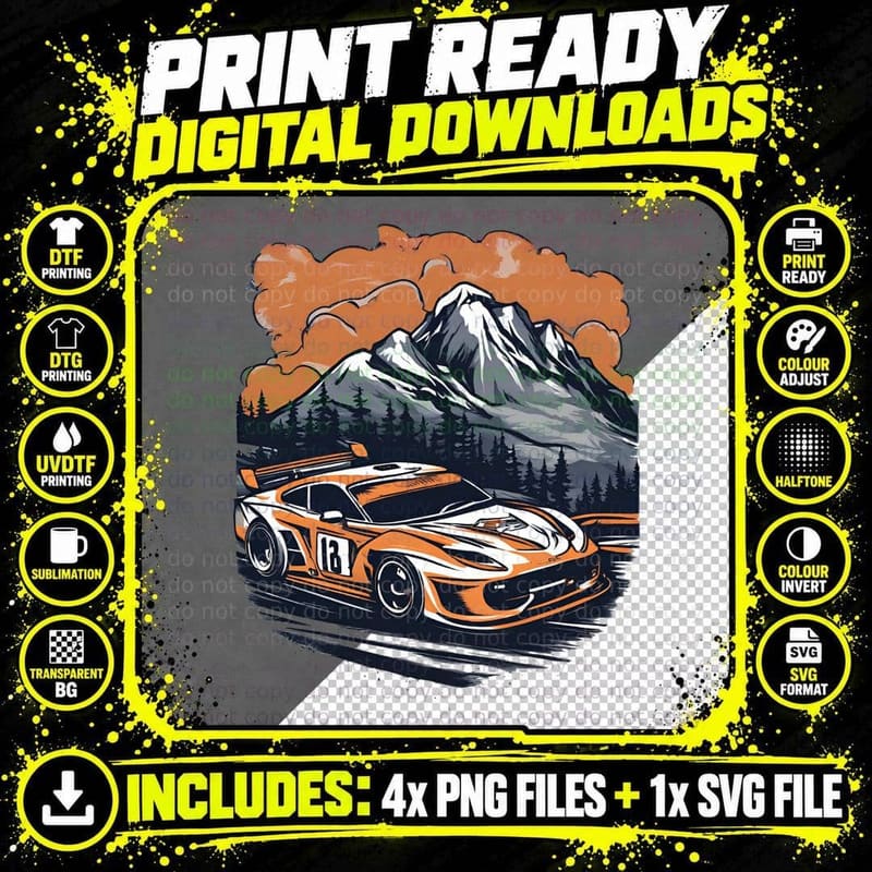 Orange Racing Car Mountain Sky Vintage Style T-Shirt Png SVG Digital Bundle