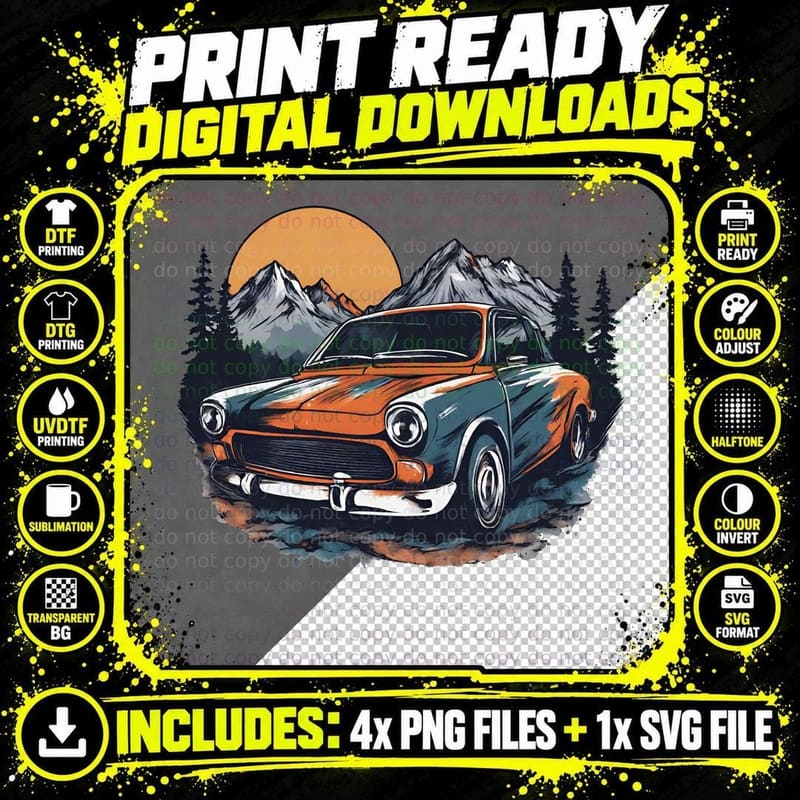Orange Sunset Car Teal Sports Mountain T-Shirt Png SVG Digital Bundle