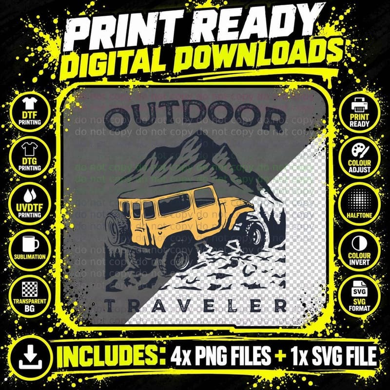 Outdoor Traveler Yellow Jeep Mountains Adventure Travel Png SVG Digital Bundle
