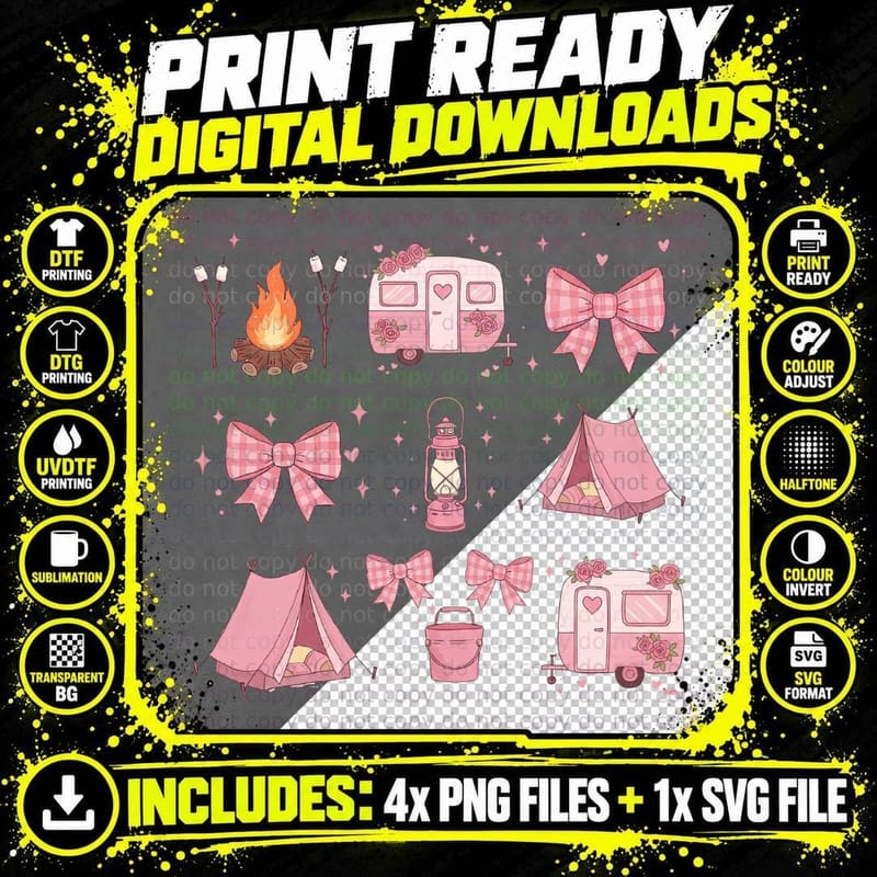 Pink Camping Scene with Bows and Lanterns Outdoor Png SVG Digital Bundle