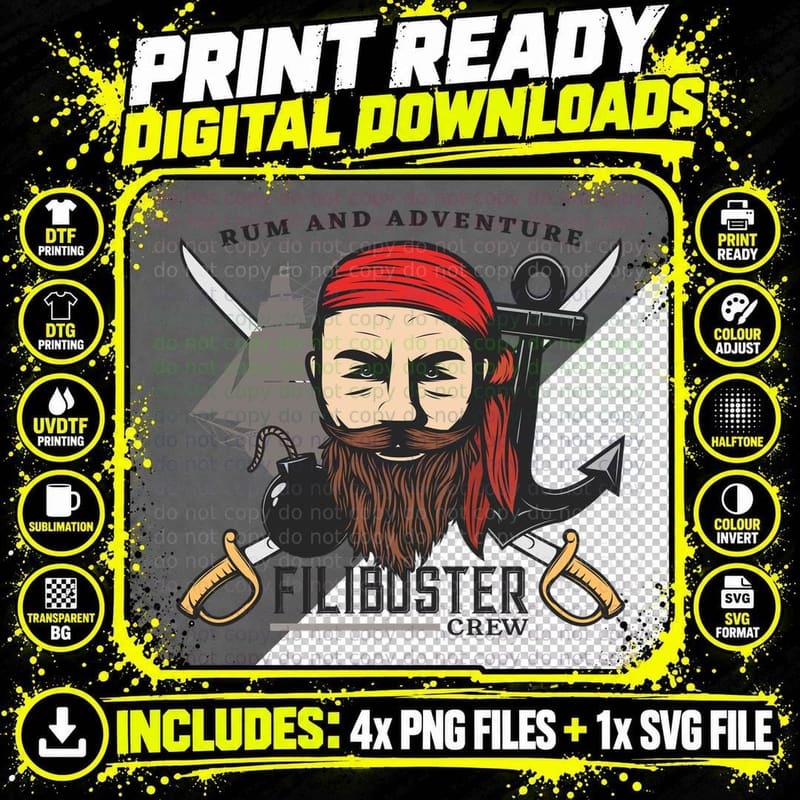 Pirate Filibuster Rum and Adventure Crew Red Beard Png SVG Digital Bundle