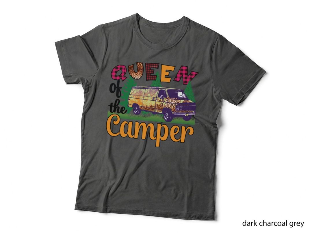 Queen of the Camper Camping T-Shirt, Camper Van with Leopard Print Graphic Tee