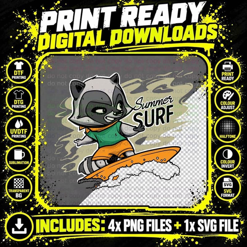 Raccoon Summer Surf Surfing Orange Board Beach T-Shirt Png SVG Digital Bundle