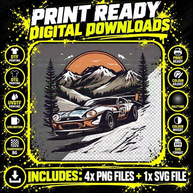 Racing Car Mountain White Orange Mountains Forest Png SVG Digital Bundle