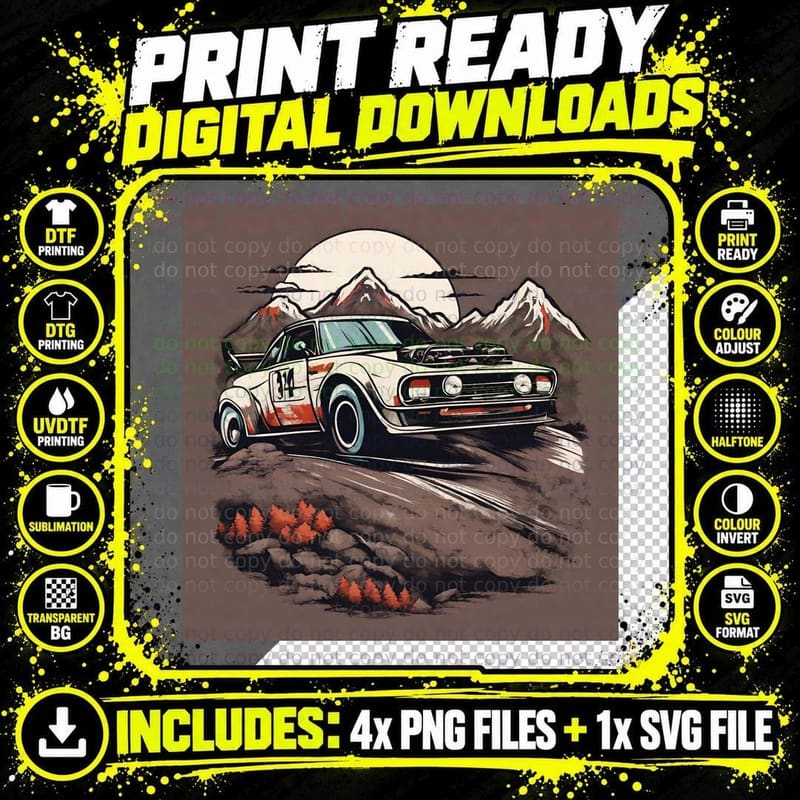Rally Sprint White Orange Vintage Car Mountain T-Shirt Png SVG Digital Bundle