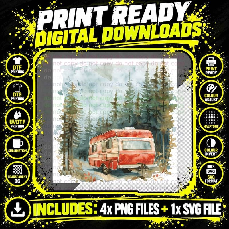 Red Camper in Forest Outdoor Adventure T-Shirt Png SVG Digital Bundle