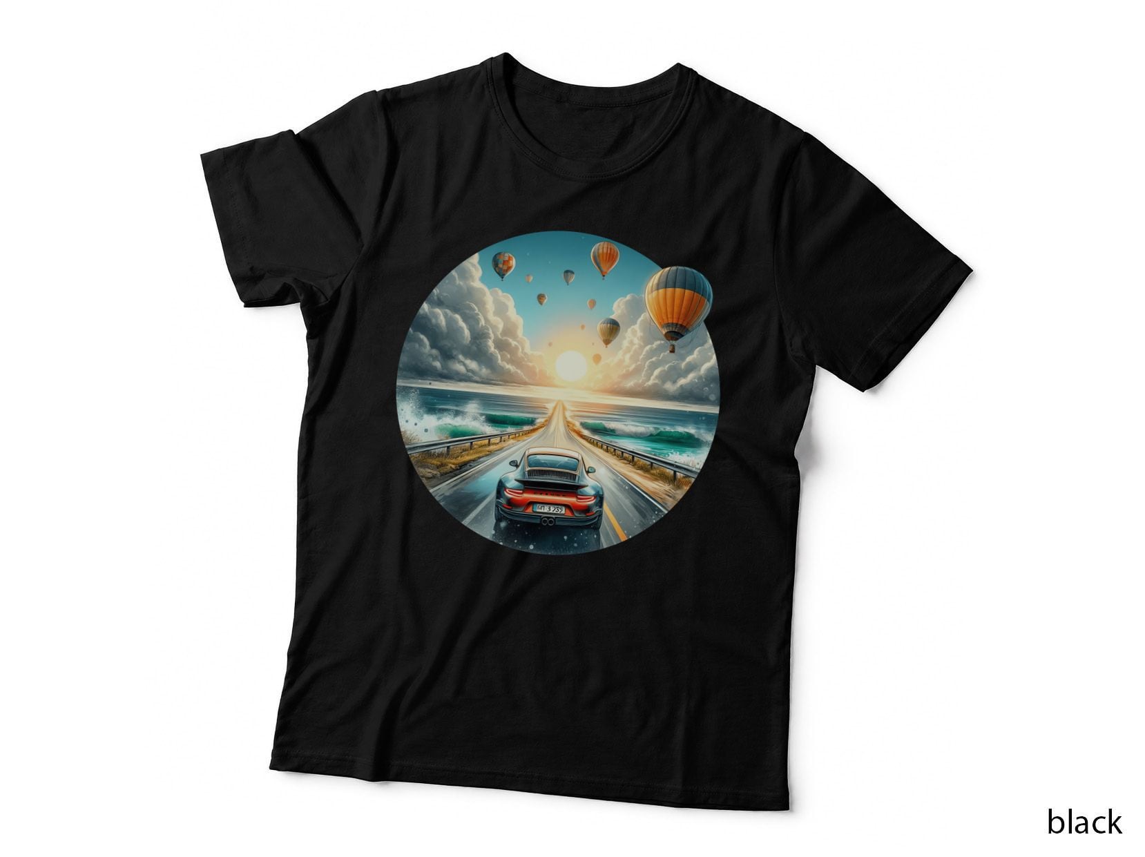 Red Car Balloon Adventure with Hot Air Balloons Beach Scenery Palm Trees T-Shirt