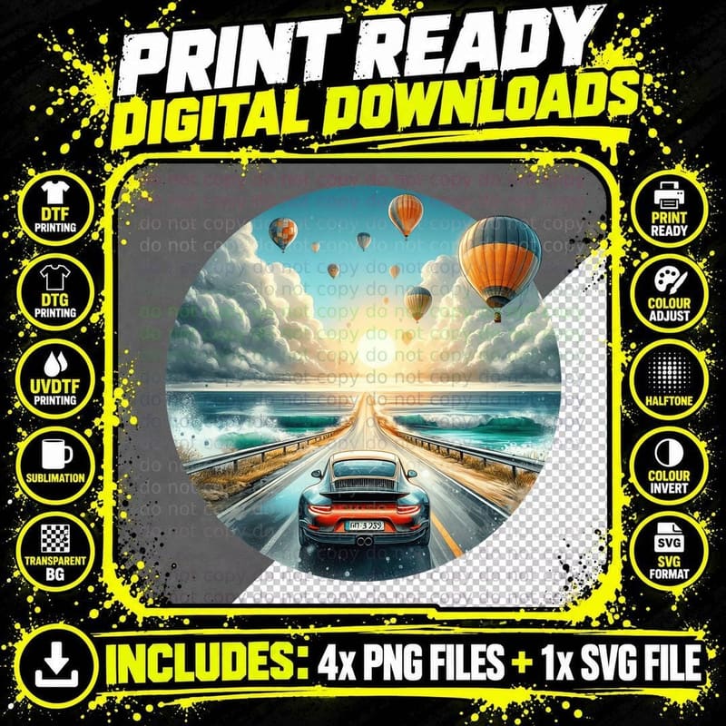 Red Car Balloon Adventure with Hot Air Balloons Beach Png SVG Digital Bundle