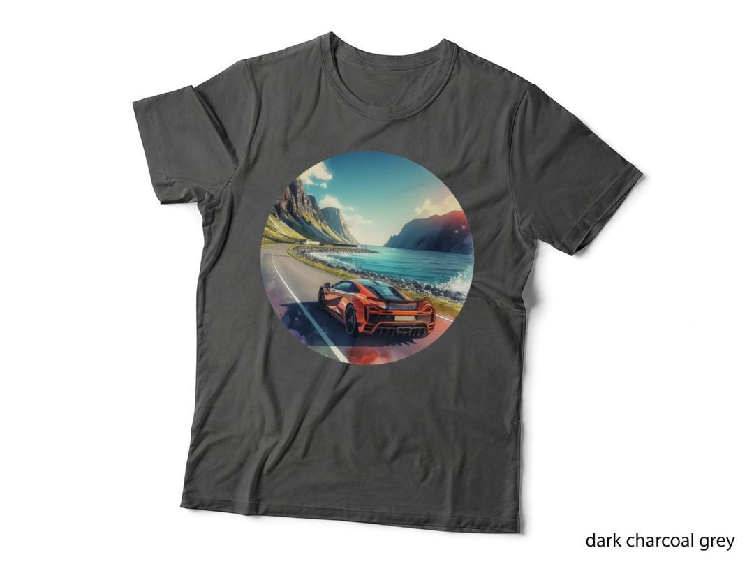Red Car Coastal Mountain Sports on Cliff Road Turquoise Ocean Scenery T-Shirt