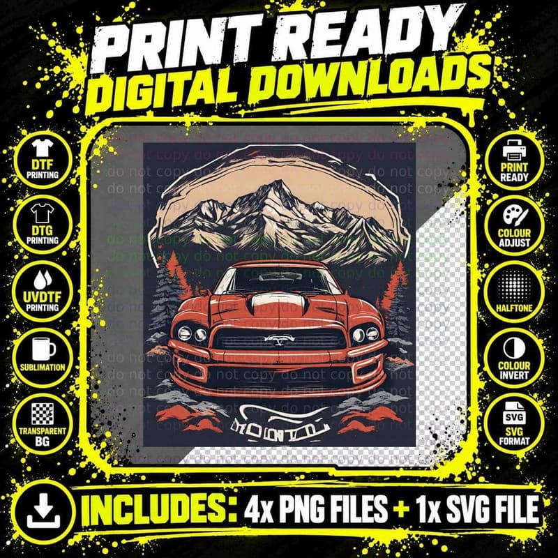 Red Mustang Car Montoya White Mountain Landscape T-Shirt Png SVG Digital Bundle