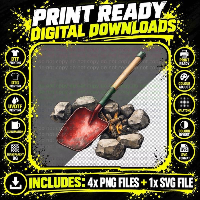 Red Shovel Amidst Rocks with Fire Camping T-Shirt Png SVG Digital Bundle