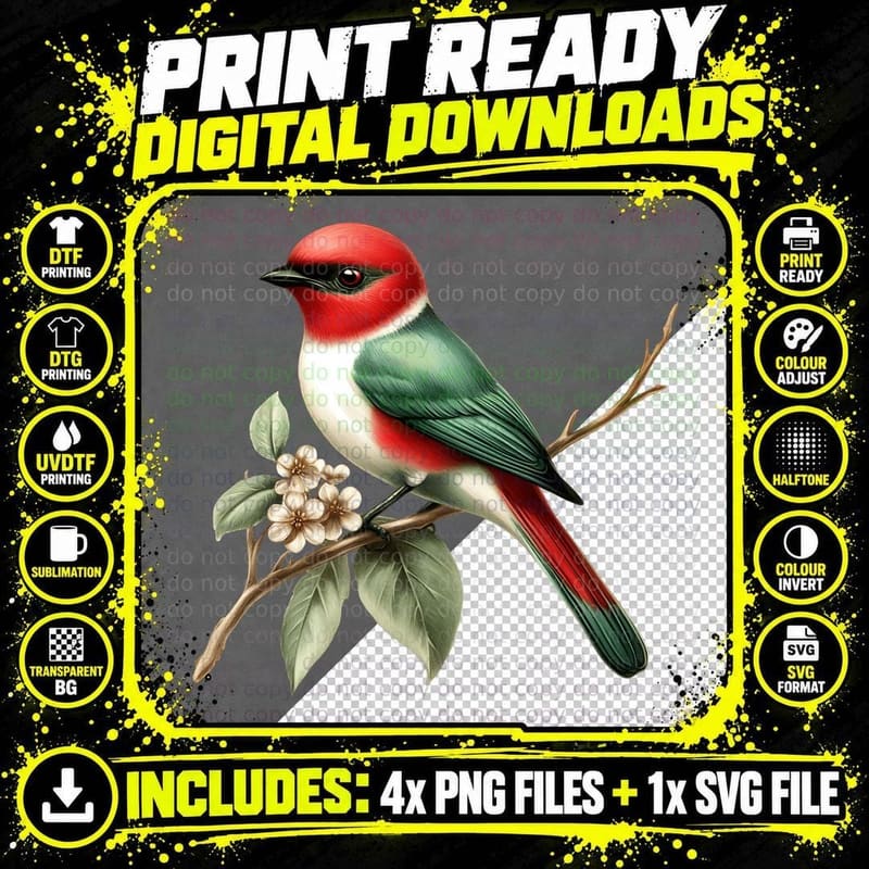 Red-Capped Bird on Branch with Flowers Camping T-Shirt Png SVG Digital Bundle