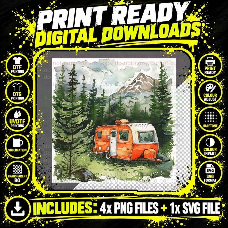 Retro Camper in Forest Outdoor Adventure T-Shirt Png SVG Digital Bundle