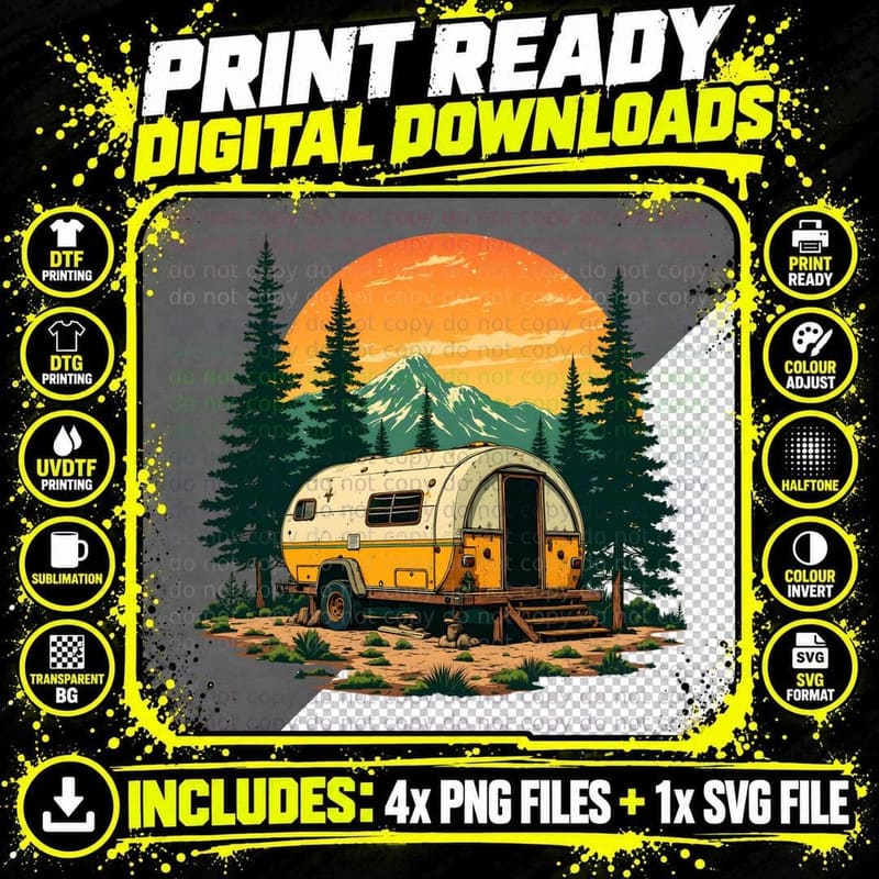 Retro Camper in Forest at Sunset Outdoor Adventure Png SVG Digital Bundle