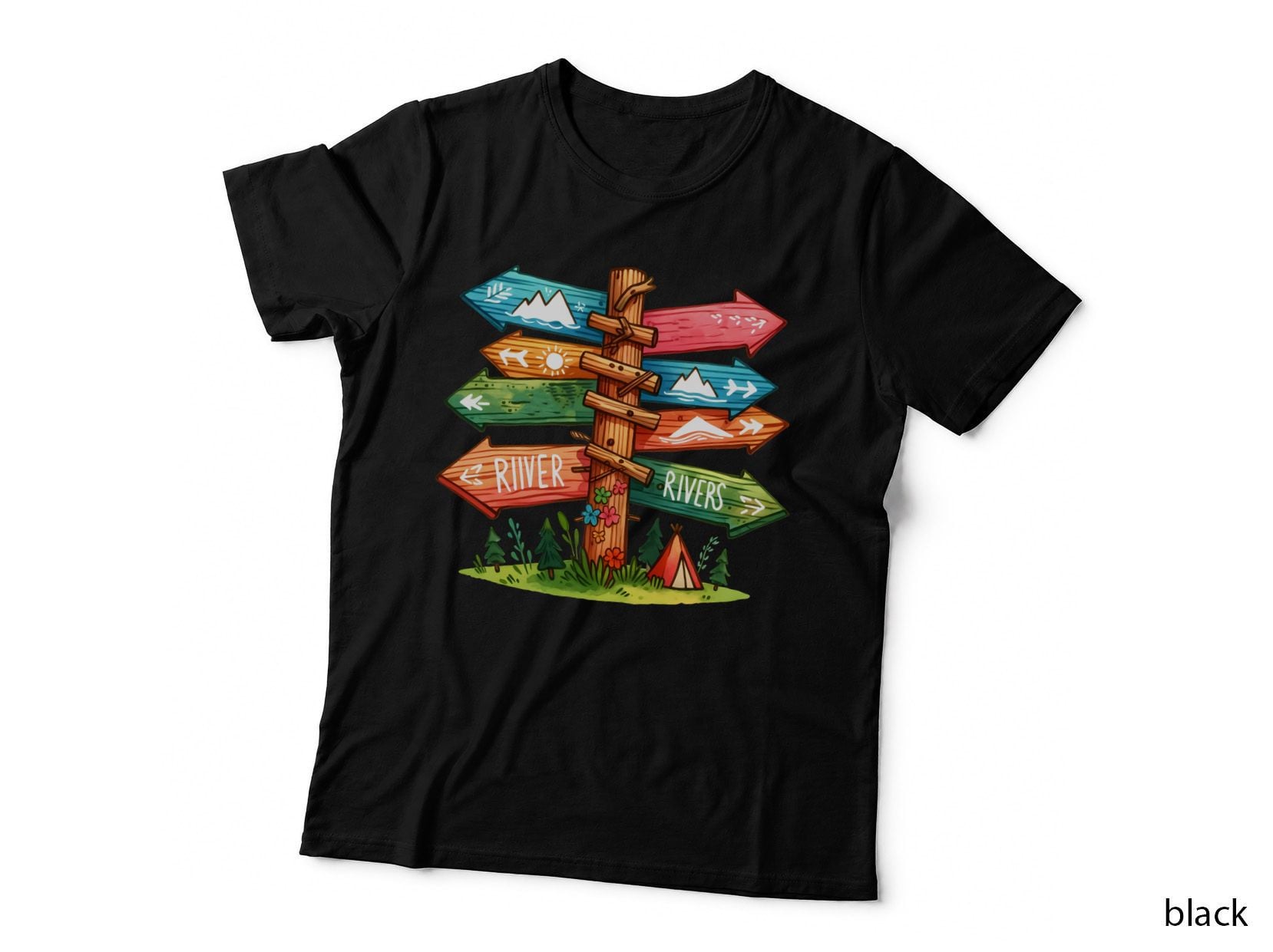 River Rivers Camping T-Shirt, Wooden Signpost with Colorful Arrows Graphic Tee