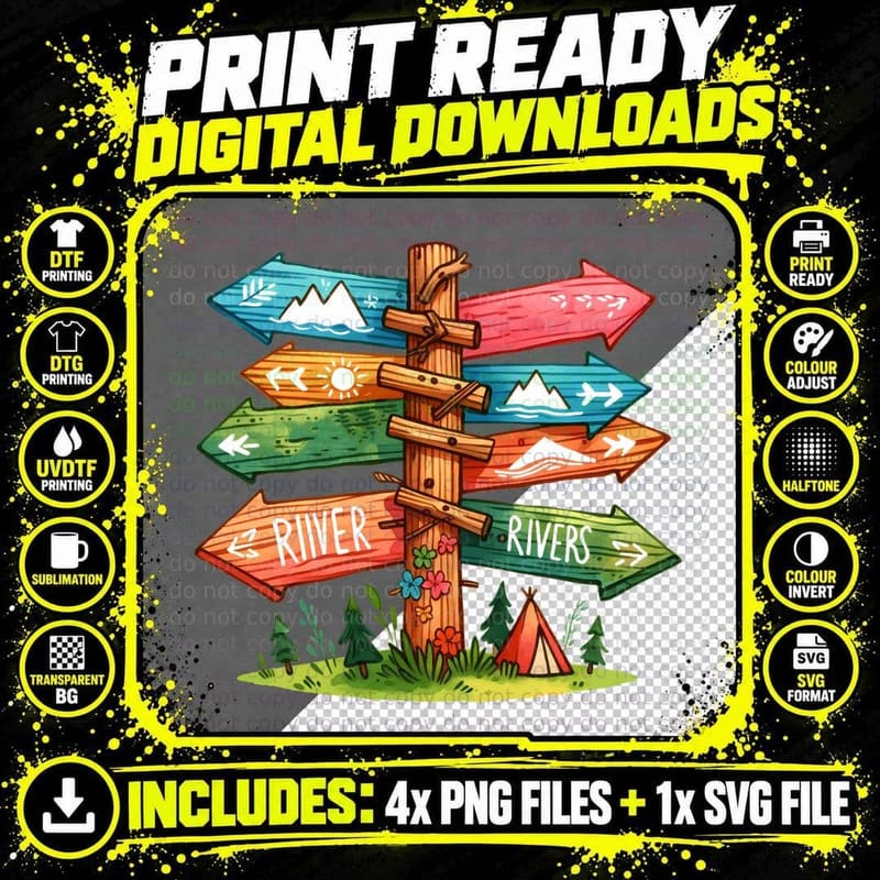 River Rivers Camping T-Shirt, Wooden Signpost with Png SVG Digital Bundle