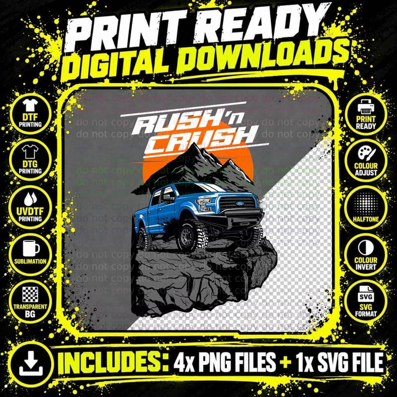 Rush Crush Truck Rush'n Blue Pickup Off-Road Mountain Png SVG Digital Bundle