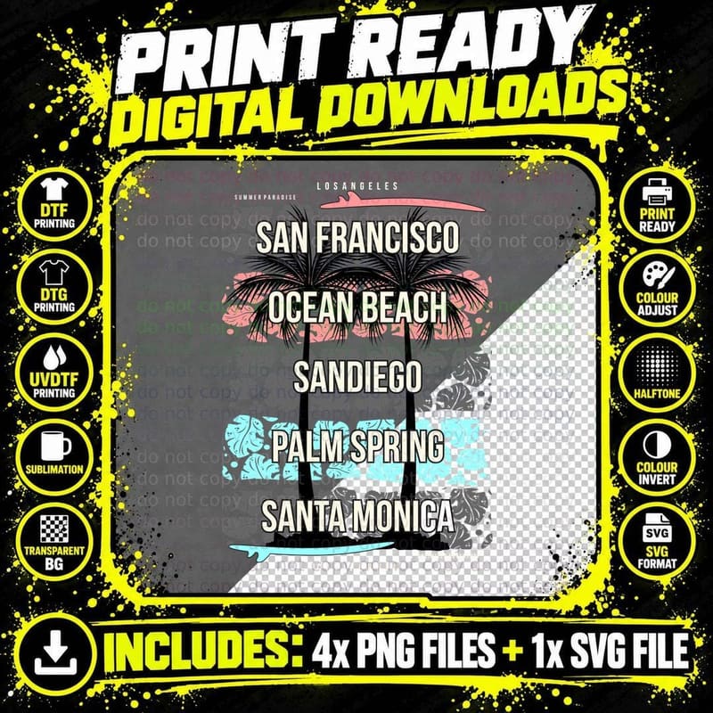 San Francisco Ocean Beach Sandiego Palm Retro Surf Png SVG Digital Bundle