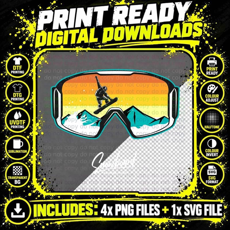 Snowboard Extreme Sport Snowboarder Goggles Mountain Png SVG Digital Bundle