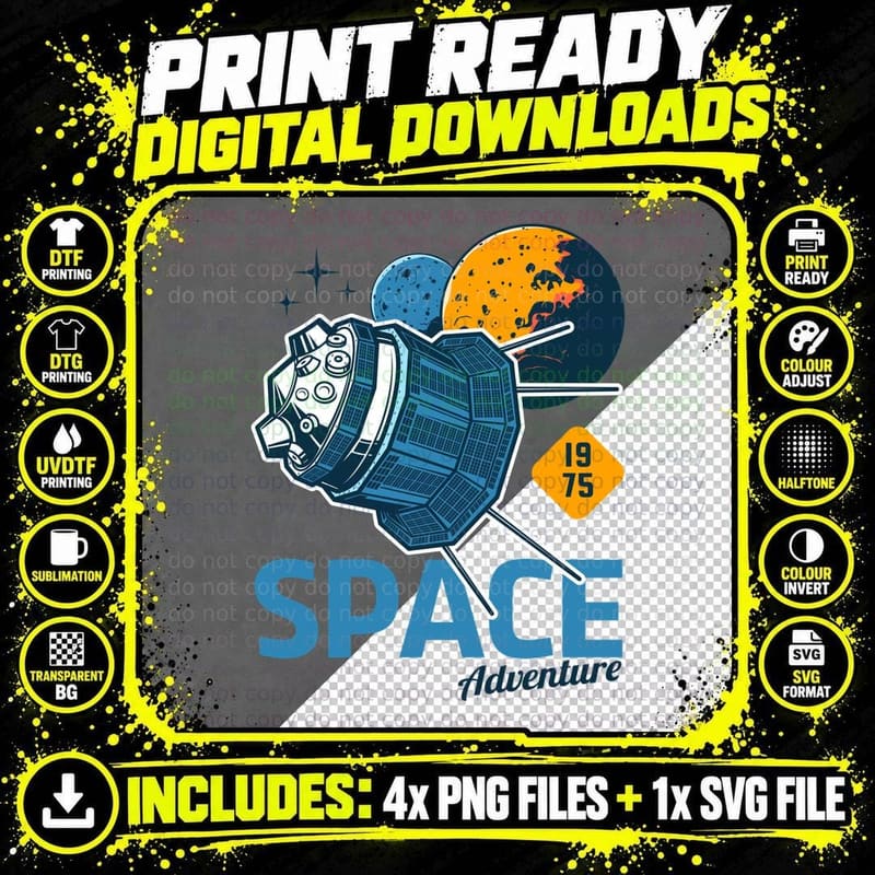 Space Adventure 1975 Satellite Planets Retro T-Shirt Png SVG Digital Bundle