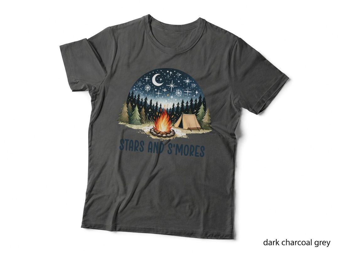 Stars and S'mores Camping T-Shirt, Campfire Under Starry Night Sky Graphic Tee