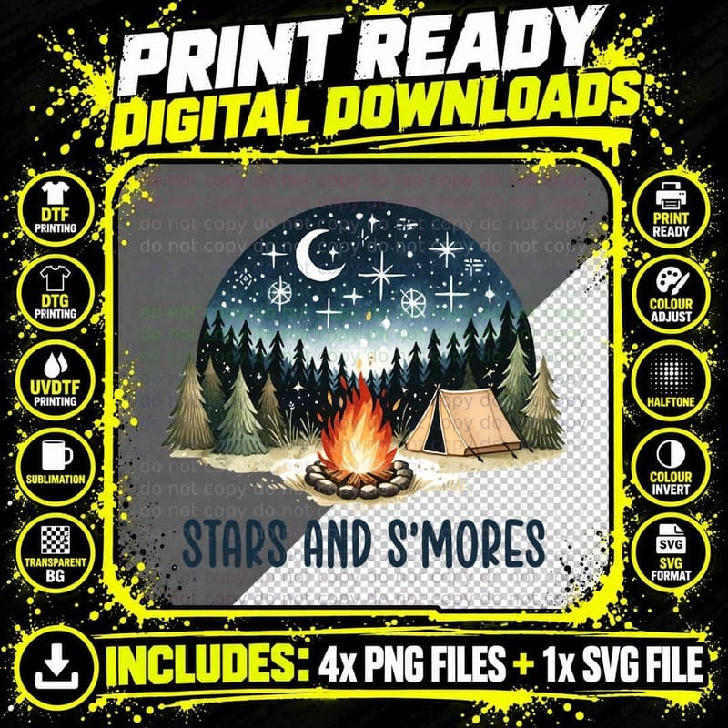 Stars and S'mores Camping T-Shirt, Campfire Under Starry Png SVG Digital Bundle