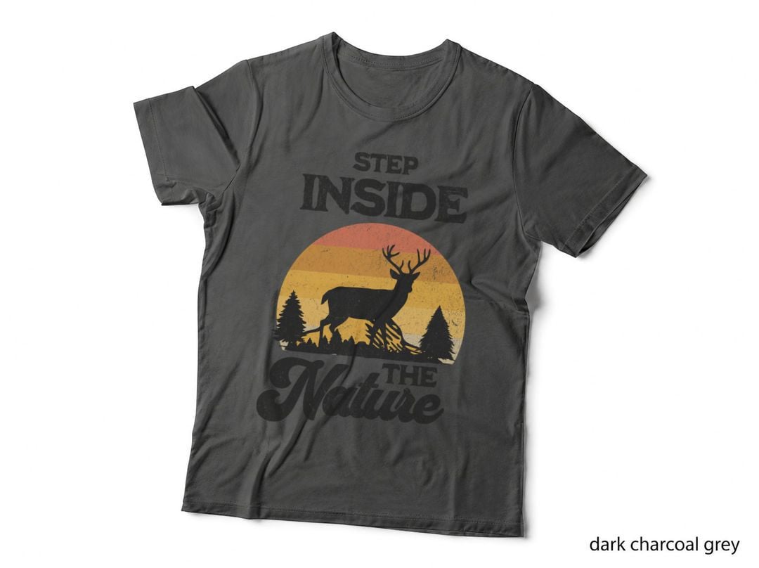 Step Inside the Nature Camping Design T-Shirt, Deer Silhouette Against Sunset
