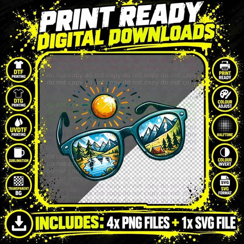 Sunglasses Reflecting Mountain Landscape Camping T-Shirt Png SVG Digital Bundle