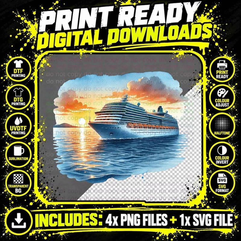 Sunset Cruise Ship on Calm Waters Outdoor Adventure Png SVG Digital Bundle