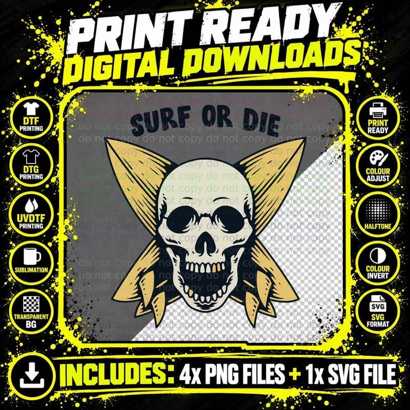 Surf or Die Skull Lightning Surfer Yellow Black Vintage Png SVG Digital Bundle