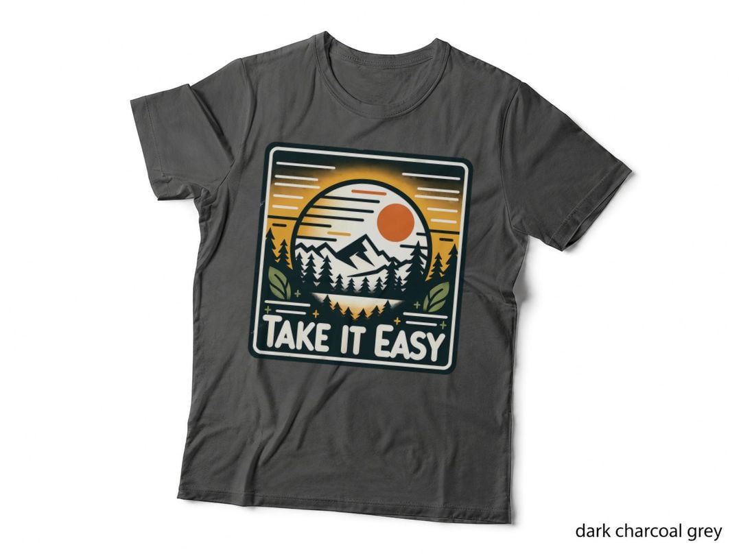 Take It Easy Camping T-Shirt, Mountain Sunset Forest Silhouette Graphic Tee