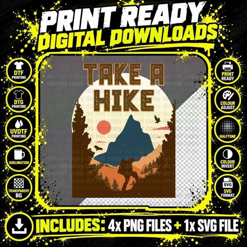 Take a Hike Camping T-Shirt, Hiker Climbing Mountain at Png SVG Digital Bundle
