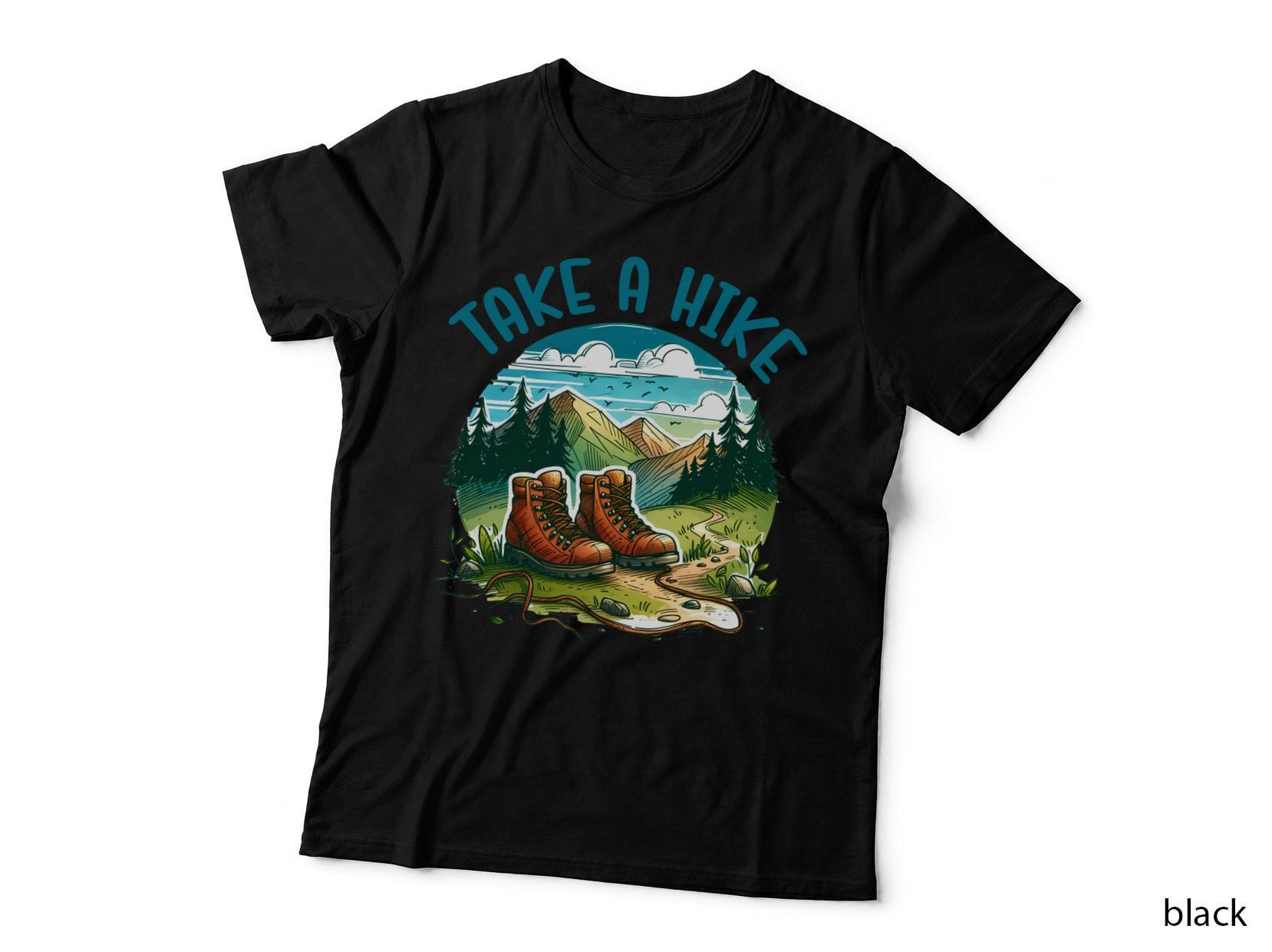Take a Hike Camping T-Shirt, Hiking Boots on Trail with Mountains Graphic Tee
