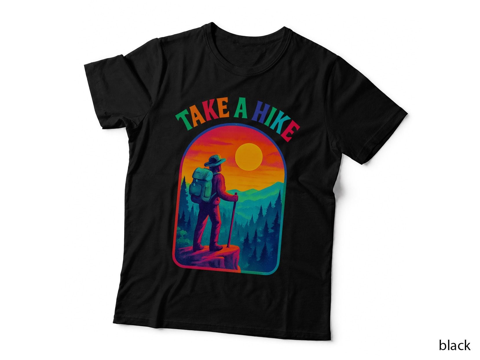 Take a Hike Outdoor Adventure T-Shirt, Hiker Enjoying Sunset Over Forest