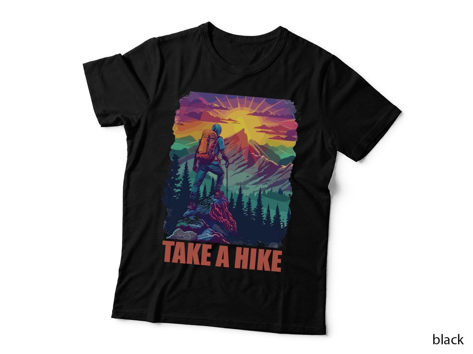 Take a Hike Outdoor Adventure T-Shirt, Hiker on Mountain Peak at Sunset Graphic