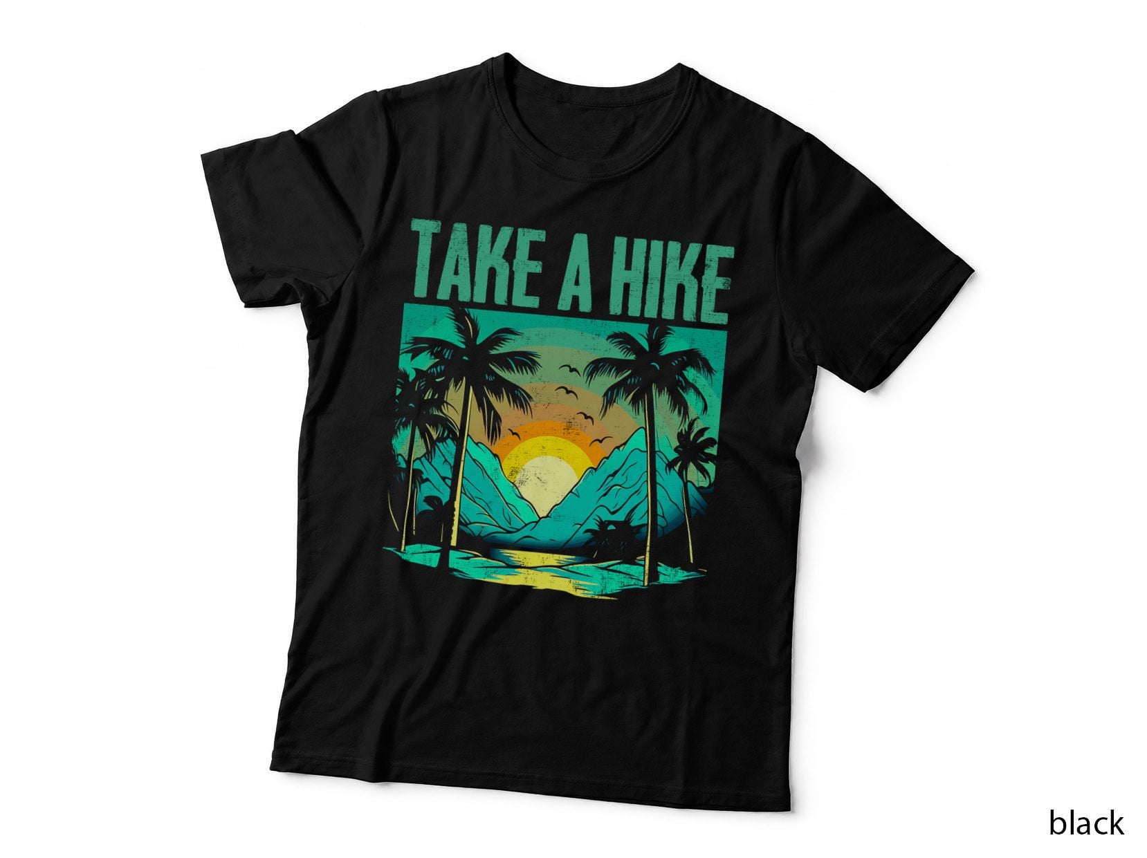 Take a Hike Outdoor Adventure T-Shirt, Tropical Sunset Over Mountains Graphic