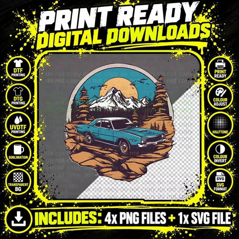 Teal Mountain Car Orange Sunset Landscape T-Shirt Png SVG Digital Bundle