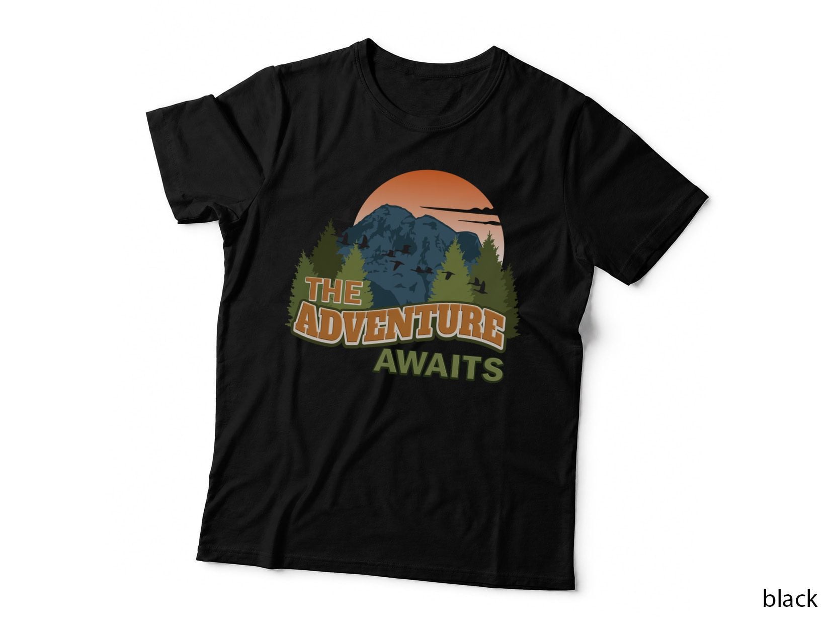 The Adventure Awaits Camping T-Shirt, Mountain Sunset with Birds Flying Graphic