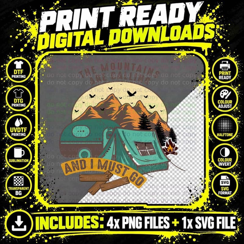 The Mountains Are Calling and I Must Go Camping T-Shirt Png SVG Digital Bundle
