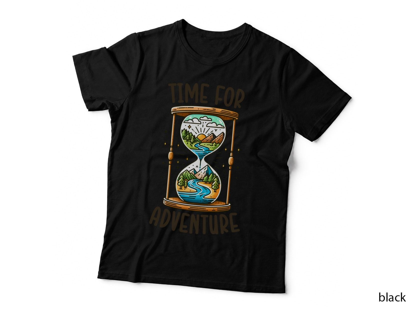 Time for Adventure Camping T-Shirt, Hourglass with Scenic Landscape Graphic Tee