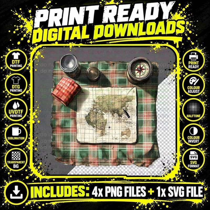 Travel Map Plaid Picnic Setup Camping T-Shirt Png SVG Digital Bundle